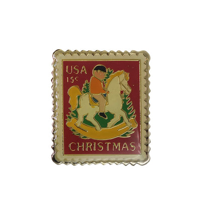 クリスマス USA 15c 切手型 ピンズ 木馬 留め具付き