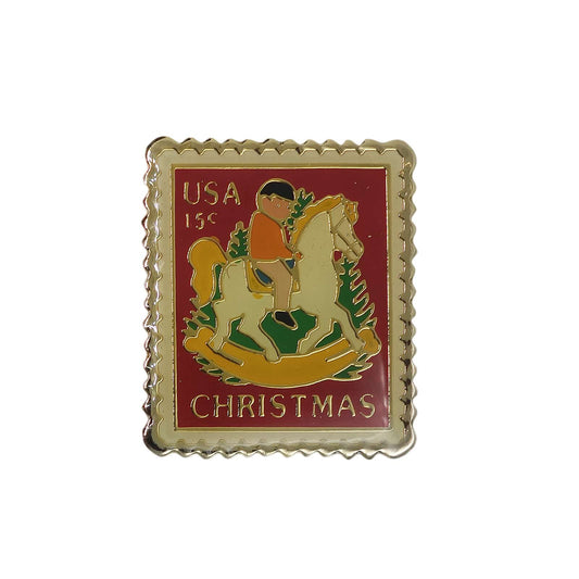 クリスマス USA 15c 切手型 ピンズ 木馬 留め具付き
