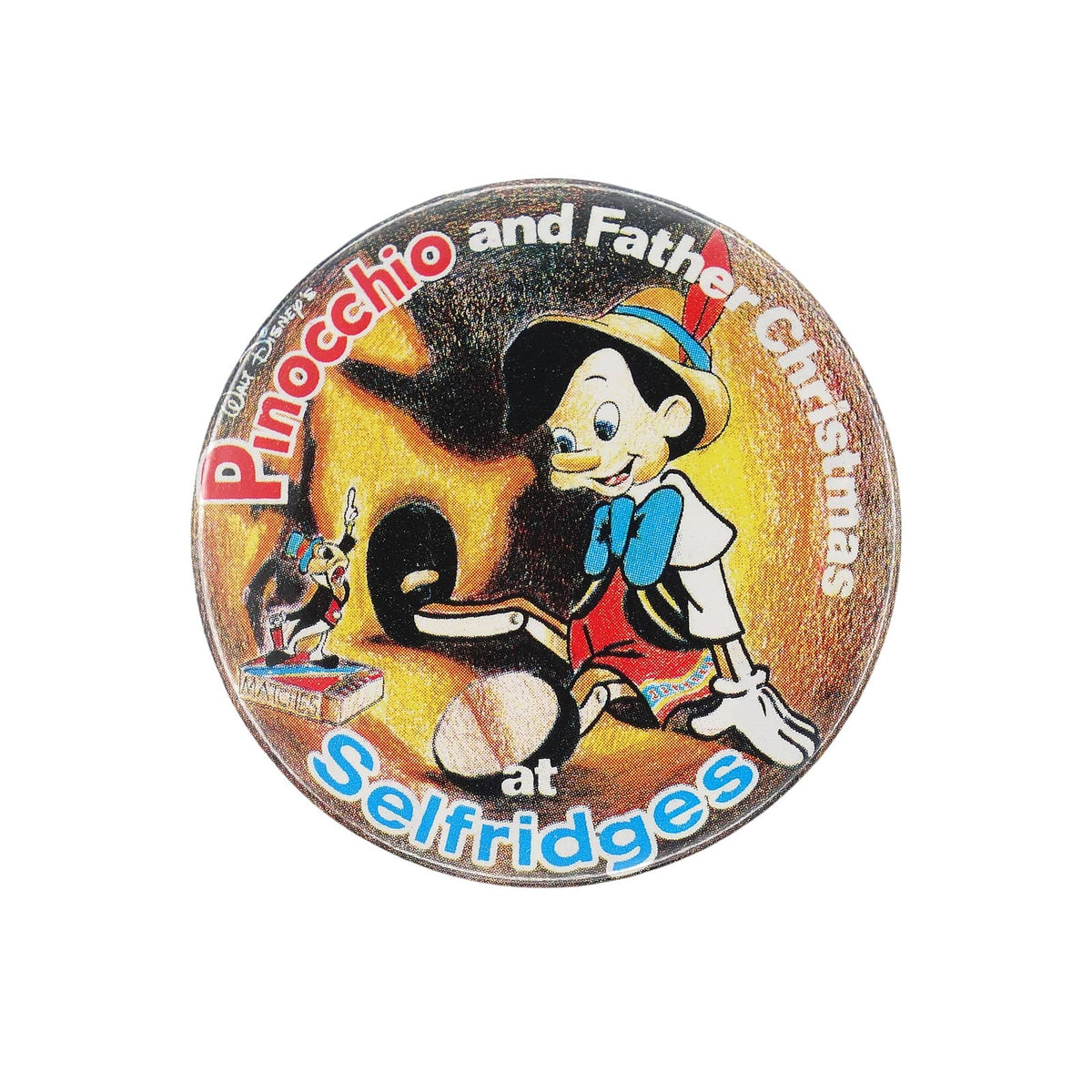 英国百貨店 Selfridges ピノキオ ジミニー・クリケット 80's ヴィンテージ 缶バッジ Disney クリスマス