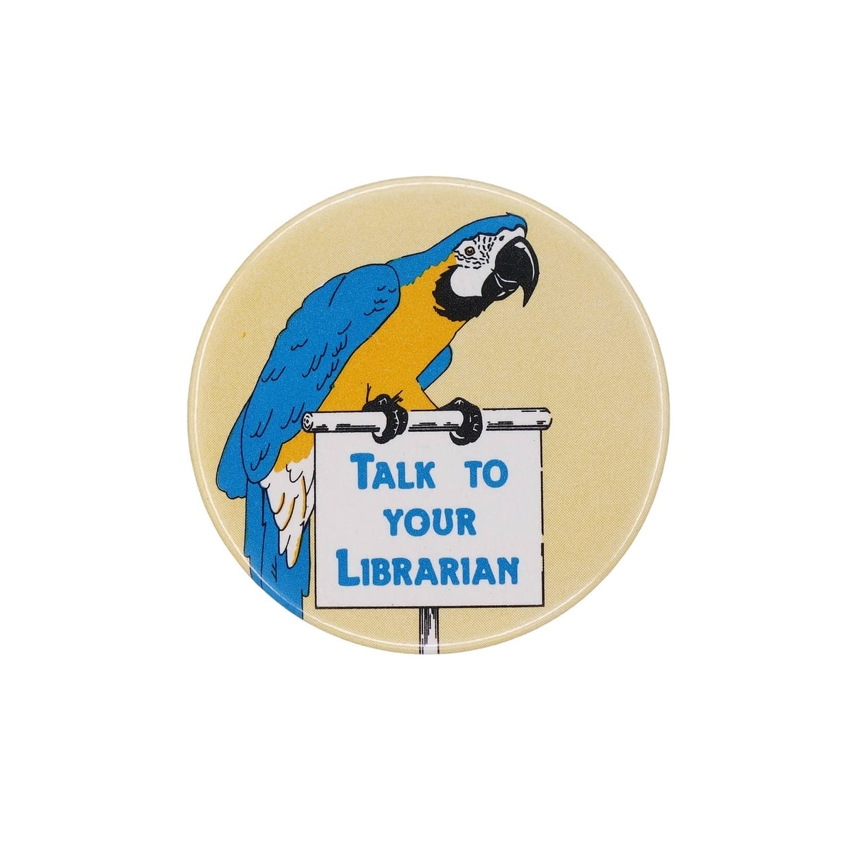 TALK TO YOUR LIBRARIAN 鳥 ルリコンゴウインコ 缶バッジ ヴィンテージ 缶バッチ